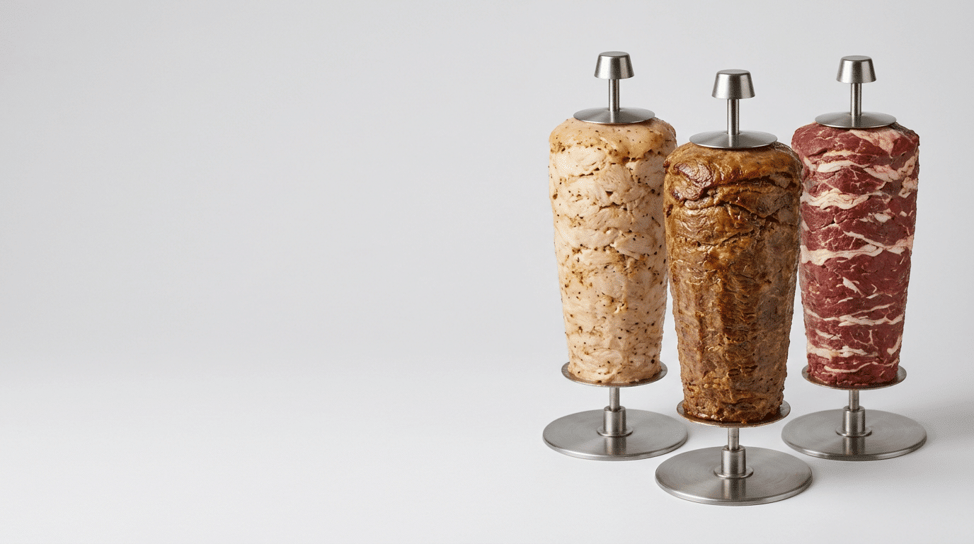 Three doner kebab meat cones on rotisserie skewers with empty space for text