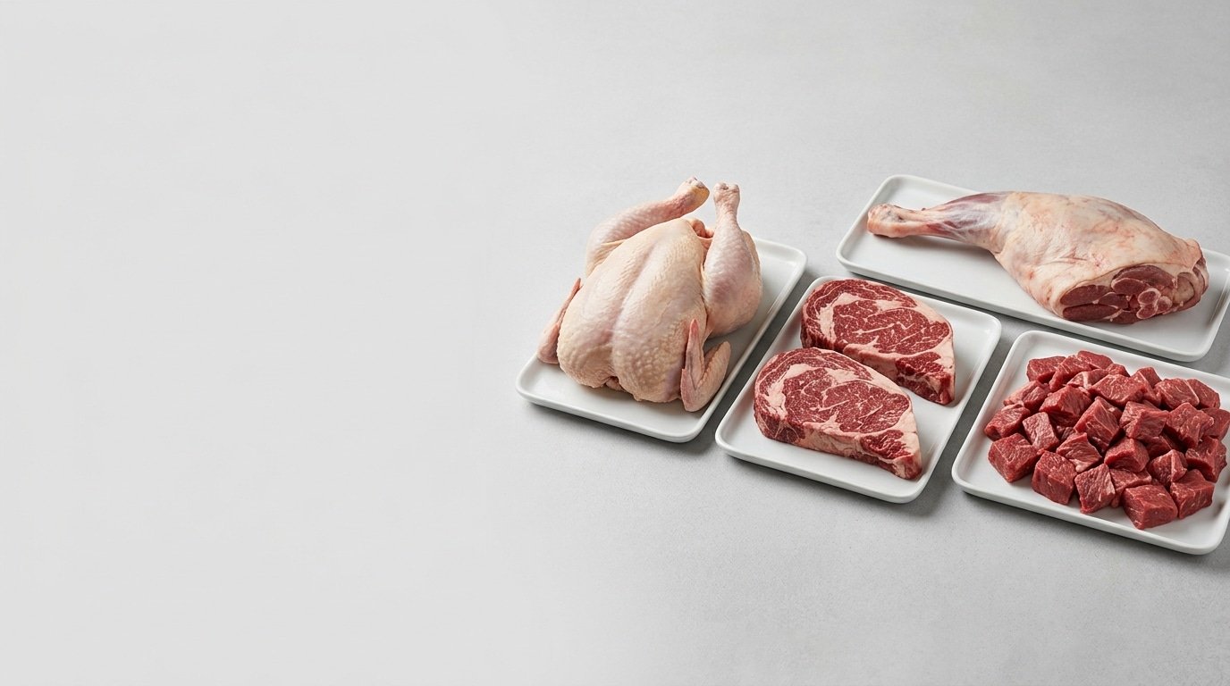 A mixed selection across the range: a lamb leg, a beef ribeye steak, a whole chicken and a tray of diced beef