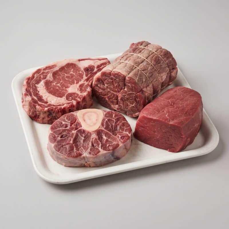 Beef — a thick ribeye steak, a rolled brisket, a shin slice and a piece of fillet