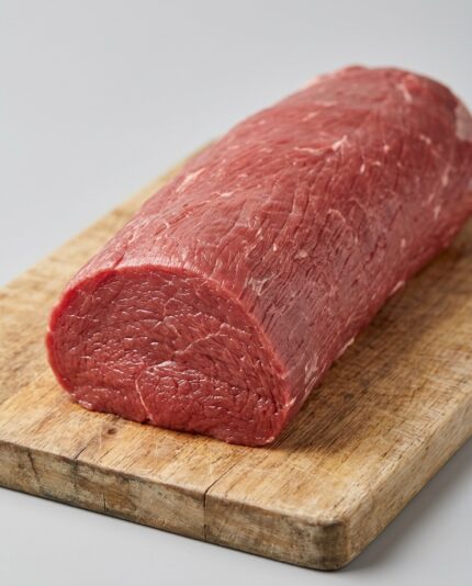 Beef Eye Round — A long, narrow cylindrical beef joint, very lean with a tight round cross-section