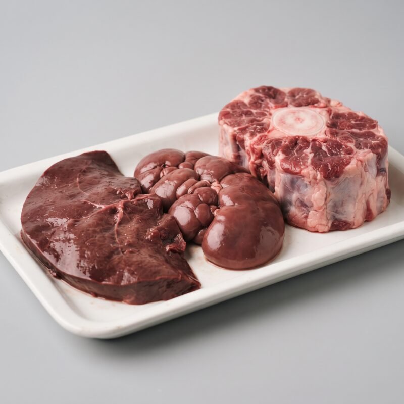 Parts & Offal — a slice of liver, a kidney and a piece of ox tail