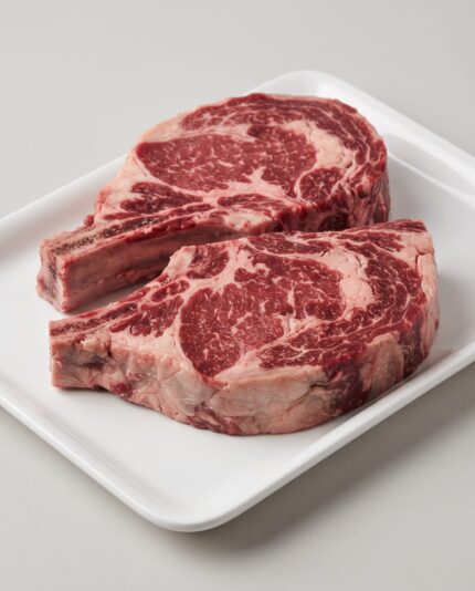 Beef Ribeye — Two thick bone-in ribeye steaks showing marbling and the eye of the rib