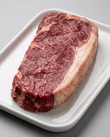 Beef Sirloin — A flat beef steak cut with a defined strip of white fat along one edge