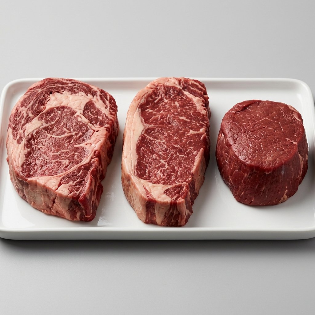 Steak Cuts — three thick steaks side by side, ribeye, sirloin and fillet
