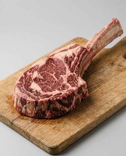 Beef Tomahawk — A bone-in rib steak with a long rib bone left attached like a protruding handle