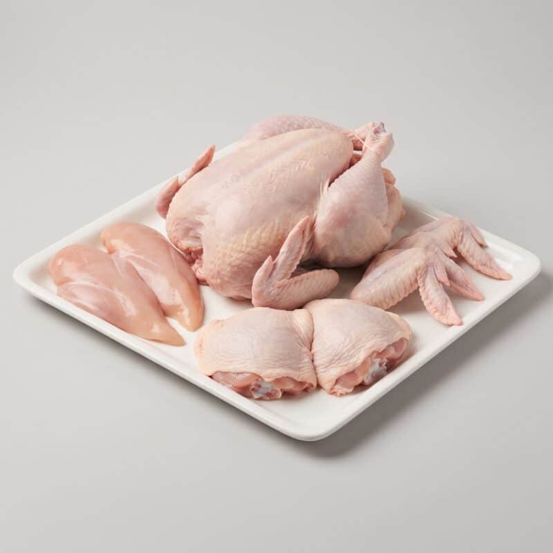 Chicken — a whole bird, two skinless fillets, a pair of thighs and a few wings