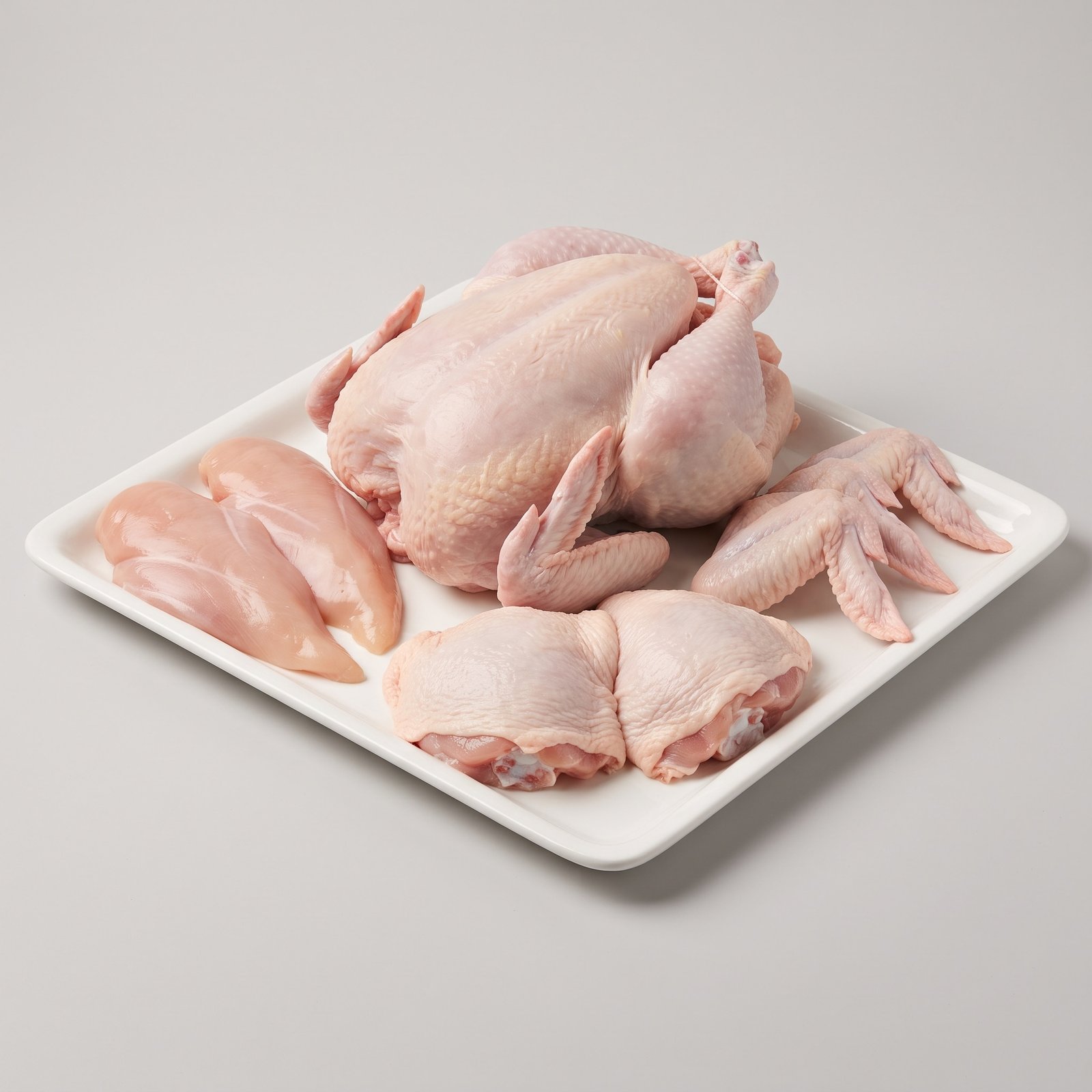 Chicken — a whole bird, two skinless fillets, a pair of thighs and a few wings