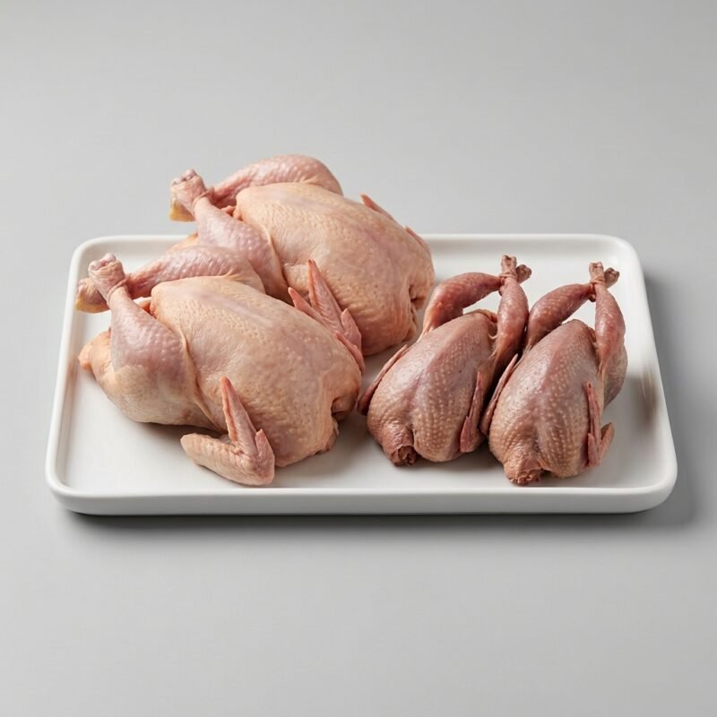 Game Birds — two small whole poussins beside a pair of quails