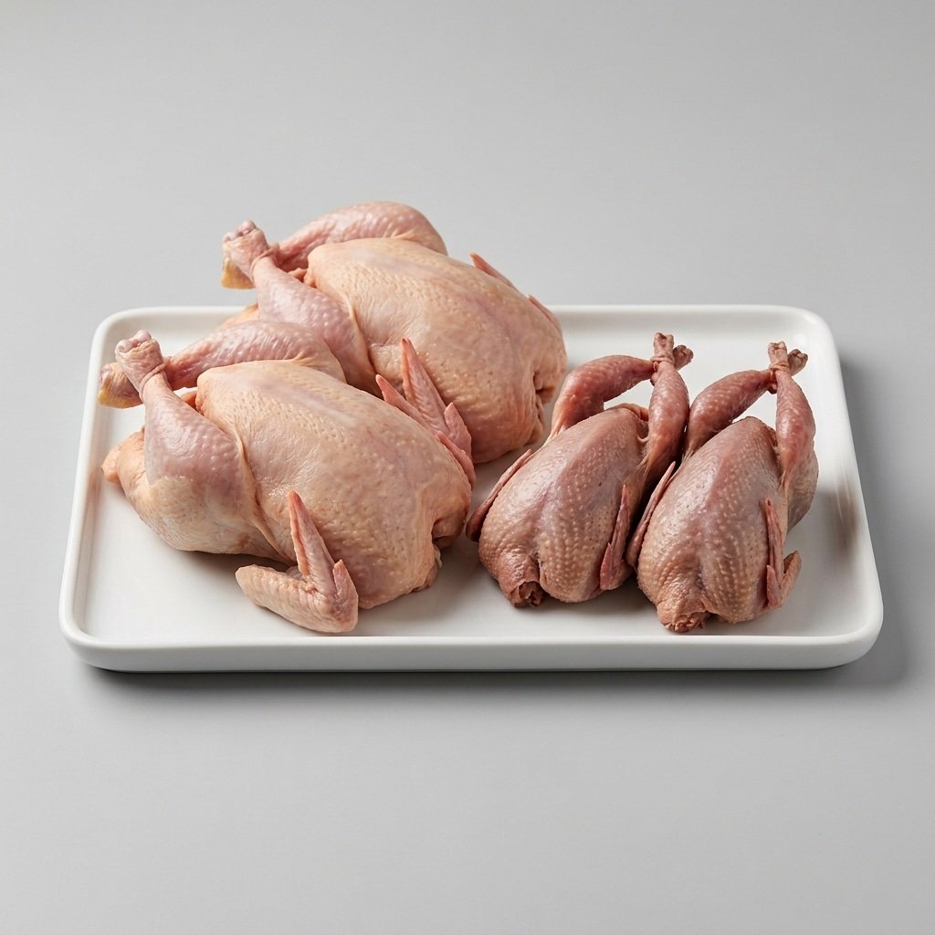 Game Birds — two small whole poussins beside a pair of quails