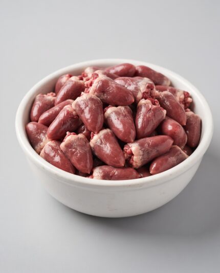 Chicken Hearts — A bowl of small conical chicken hearts with a deep red glossy surface