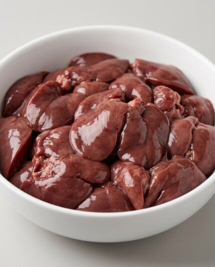 Chicken Liver — A bowl of smooth dark reddish-brown chicken livers with soft glossy lobes