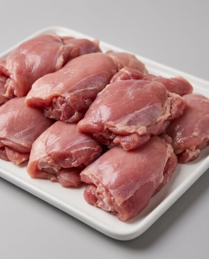 Chicken Thigh Meat — Boneless skinless chicken thigh fillets, irregular deep pink pieces stacked together