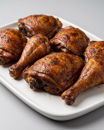 Chicken Thighs — Smoked — Several bone-in chicken thighs with deep amber-brown smoked skin arranged side by side