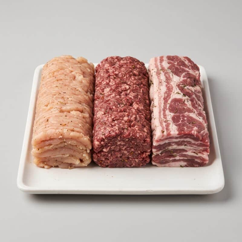 Doner — three stacked doner loaves side by side, pale chicken, dark beef and streaked lamb