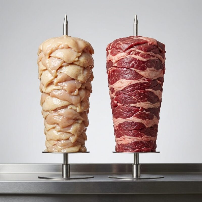 Two raw doner cones on stainless steel spits, chicken and red meat