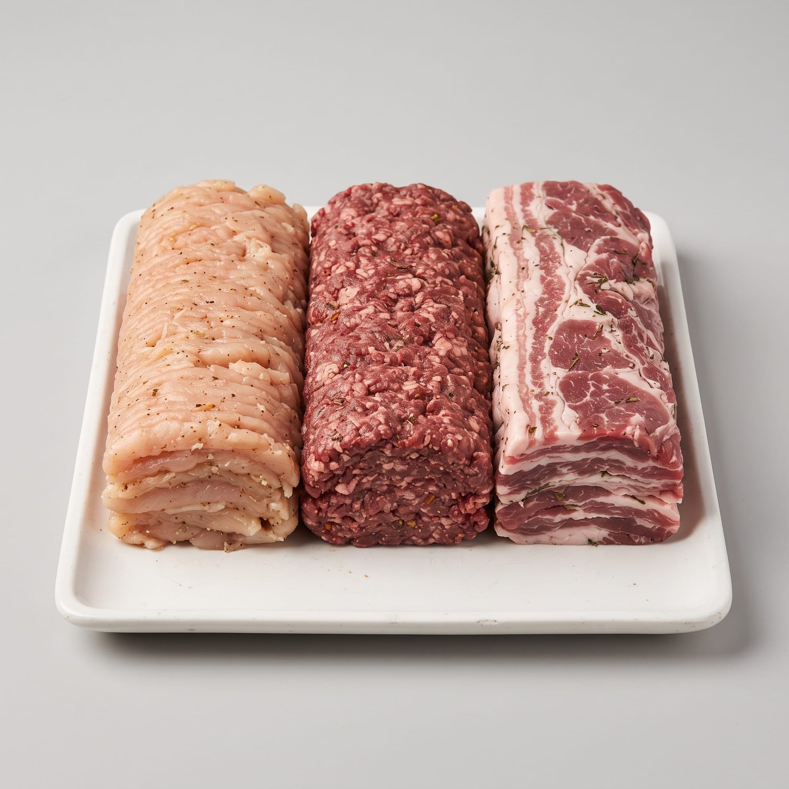 Doner — three stacked doner loaves side by side, pale chicken, dark beef and streaked lamb