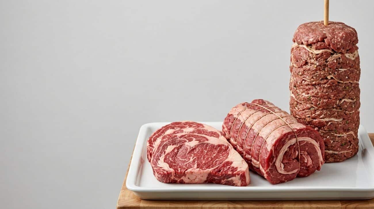 Two thick beef steaks, a rolled brisket joint and a stacked doner loaf
