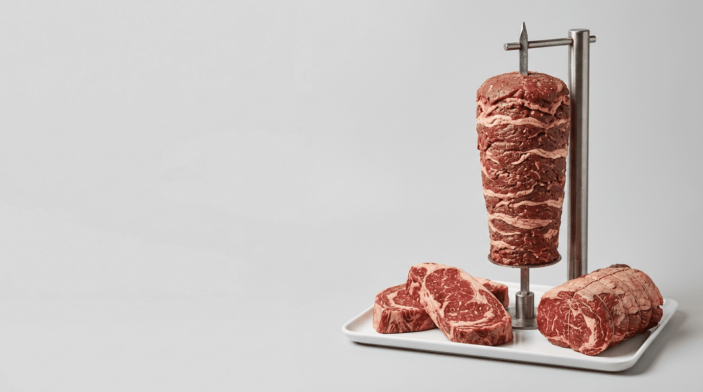 Doner cone on a spit with beef steaks on a tray