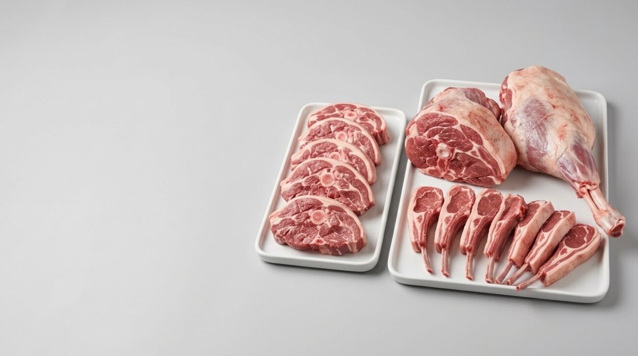 A bone-in lamb leg, a shoulder joint, a rack of cutlets and several neck slices