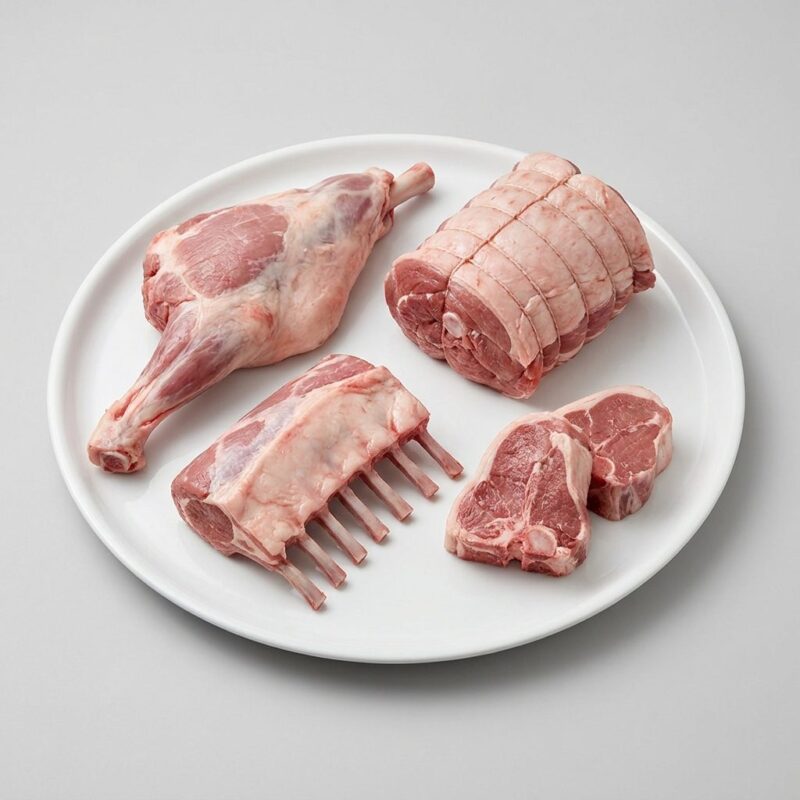 A white tray of raw lamb cuts: leg, rolled shoulder, rack and loin chops