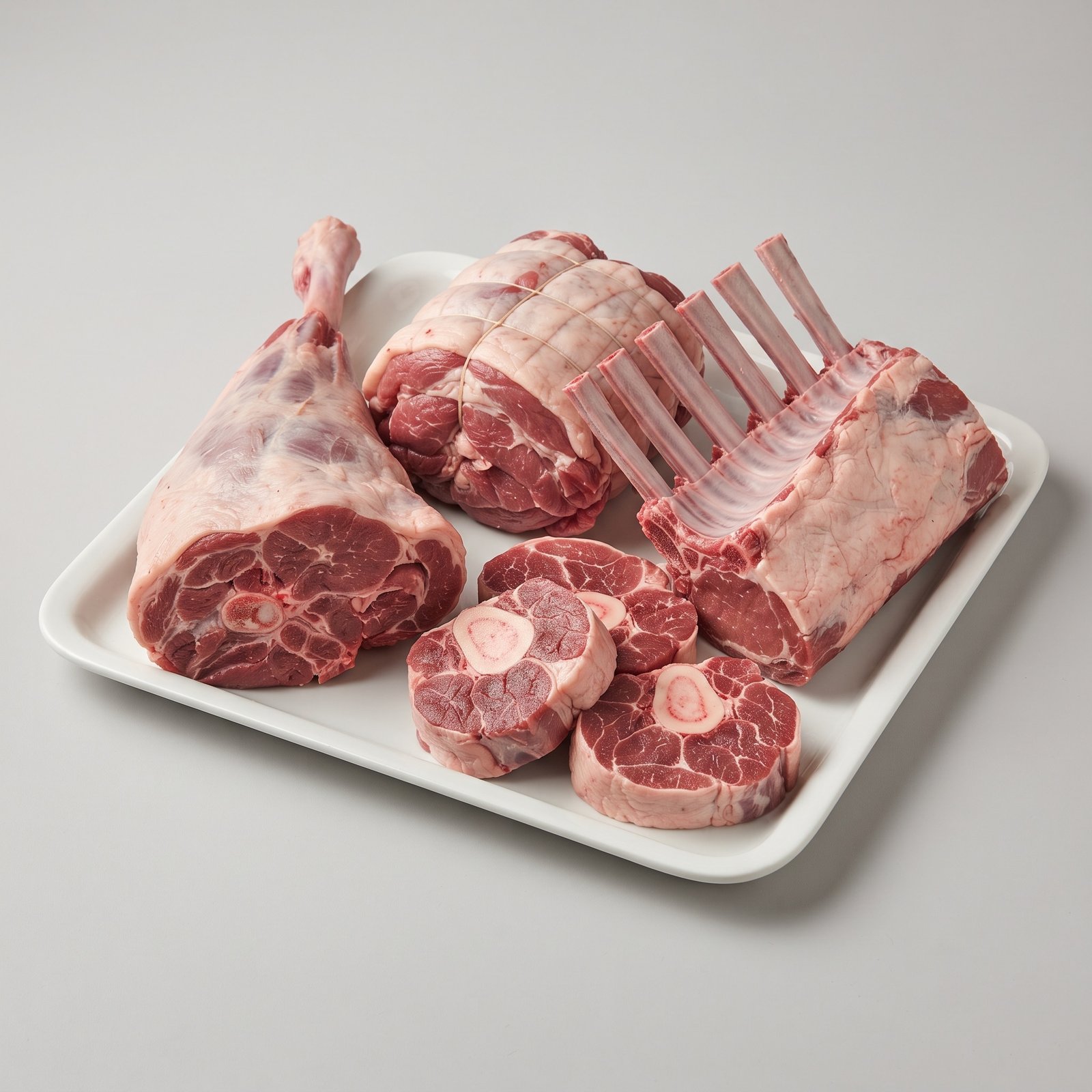 Lamb — a bone-in leg, a shoulder joint, a rack of cutlets and a few neck slices