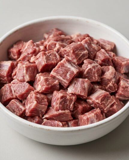 Lamb Neck — Diced — A bowl of diced lamb neck meat, small chunks with visible connective tissue