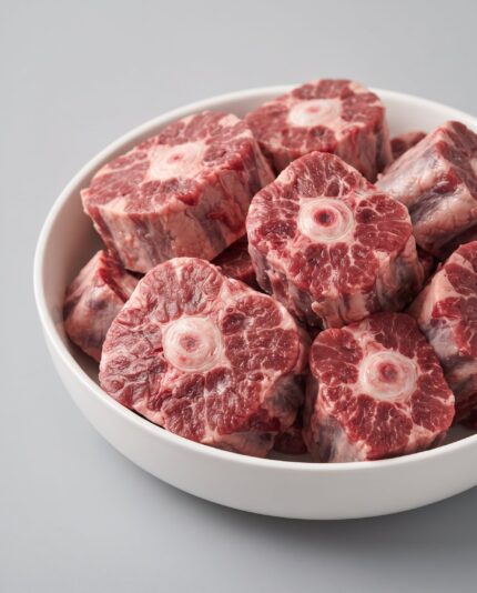 Ox Tail — Cross-cut sections of beef ox tail, each thick disc showing a small round bone center and fat