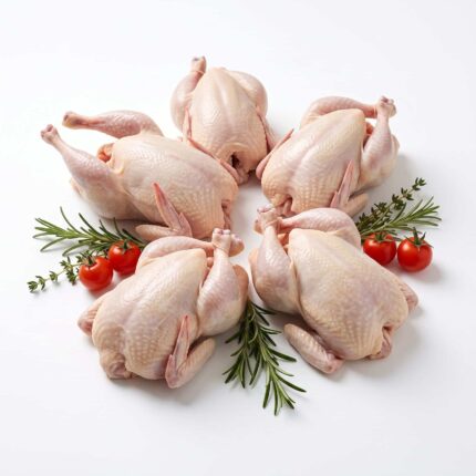 Whole raw poussins on a white surface