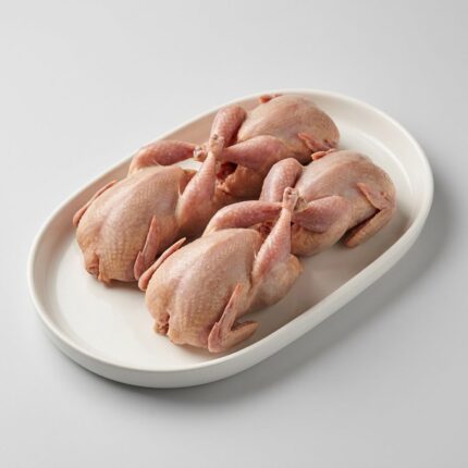 Four whole raw quails on a white tray