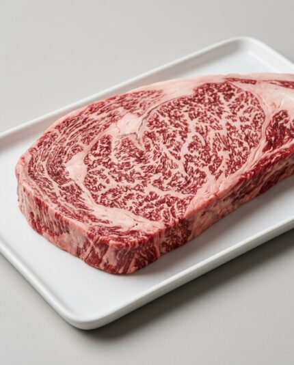 Wagyu Beef — A thick beef steak cut with an intensely fine web of marbling running through the deep red muscle