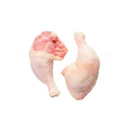 Two raw chicken legs, skin on