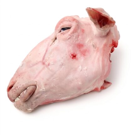 A raw lamb head on a white background